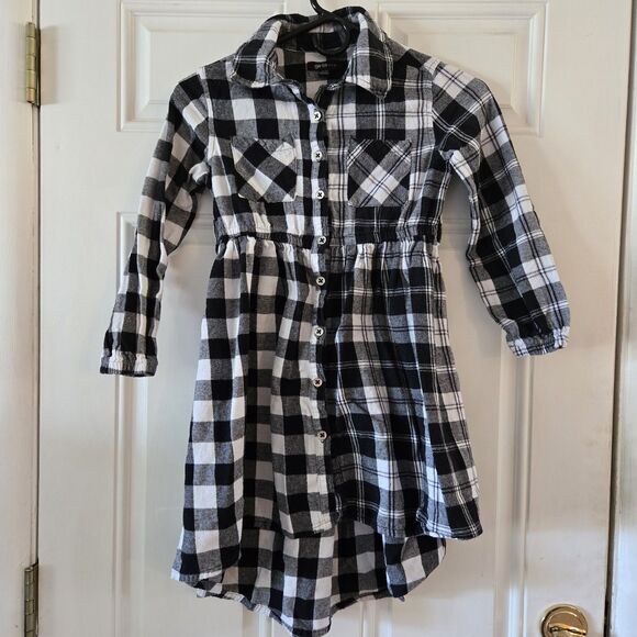 Girls Plaid Button-Front Dress Size 10/12 Black White Flannel Cotton Checkered - Picture 1 of 8
